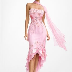 Vintage Y2K Pink Strapless Floral Beaded High Low Ruffle Midi Prom Dress Size S